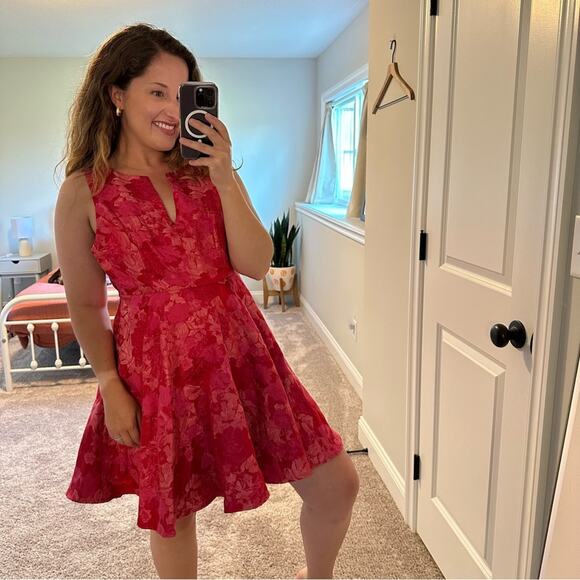 Anthropologie Eva Franco Pink Red Metallic Jacquard Fit & Flare Mini Dress 10P - Picture 2 of 10